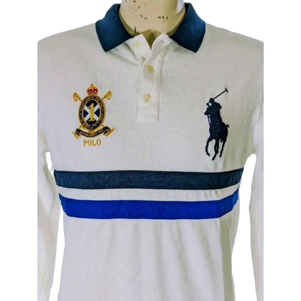 Polo Ralph Lauren Big Pony Crest Stripe Rugby Shirt Men Sz L Custom Slim Fit EUC